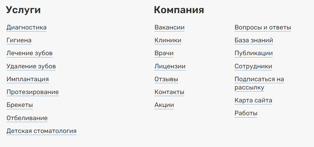 Приклад розділів на сайті стоматології - фото просування медичного сайту